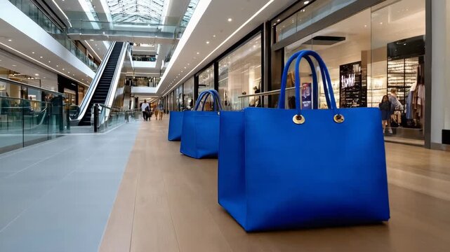 Large blue shopping bags placed on the floor in a modern shopping mall during the day