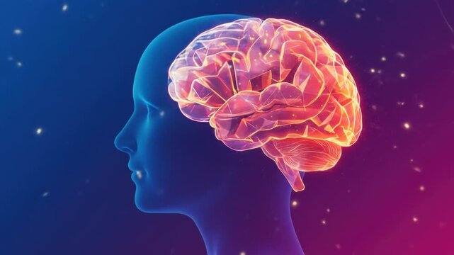 Glowing brain activity within a human head silhouette, abstract particles in dark background