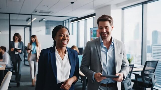 Colleagues discuss ideas while walking in a modern office in the city during a busy workday