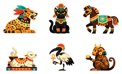 Naklejka premium Ancient ritual animals in flat style: ceremonial jaguar, temple cat figure, ritual horse, offering lamb, sacred ibis bird, symbolic monkey icon. Vector icons