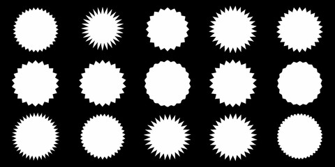 Arrangement of white starburst and circular shapes against a black background