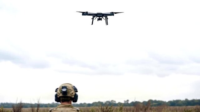 Special forces soldier in full gear operating a reconnaissance drone for a tactical mission in a field, with the quadcopter flying towards the camera for a close up view of its camera