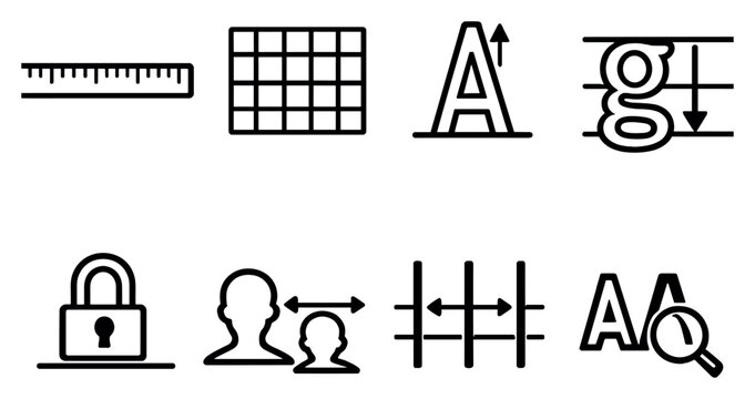 Ascender Descender Toolkit in outline style: measurement ruler, vertical grid, ascender indicator, descender indicator, baseline lock, proportion check, spacing. Vector icons