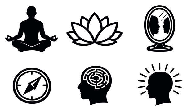 Inner knowledge concepts in outline style: meditation silhouette, unfolding lotus, mirror of self-reflection, intuition compass, mind maze, quiet insight aura. Vector icons