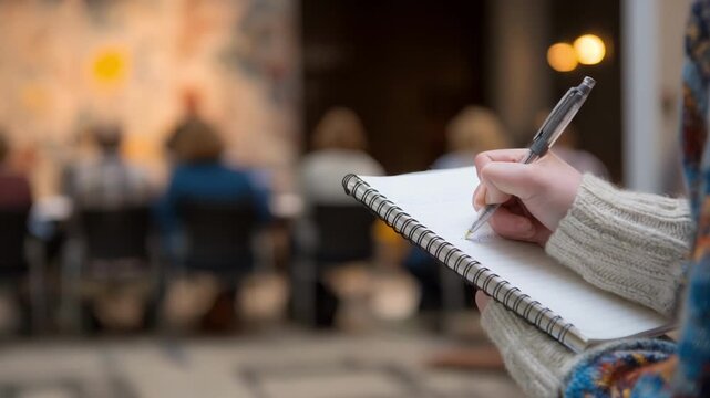 Authors hands holding a pen over notebook during a creative writing workshop with blurred participants discussing character development in the background.