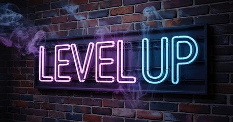 Obraz premium Neon Level Up Sign on Brick Wall with Smoke and Vibrant Colors