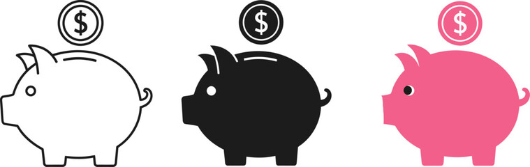 Obraz premium Three distinct piggy bank icons with dollar coins representing financial savings and investment.