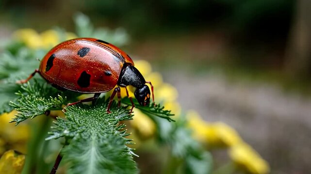 Close view of a ladybug on a green leaf with yellow flowers in the background in a garden during daytime