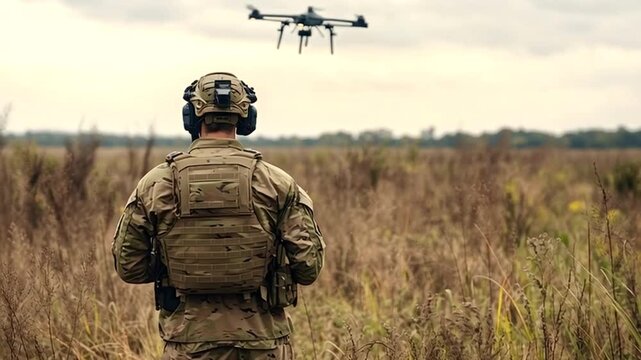 Back view of an army operator in full combat gear controlling a quadcopter drone for a reconnaissance mission in a field. Utilizing modern warfare technology for aerial surveillance and intelligence