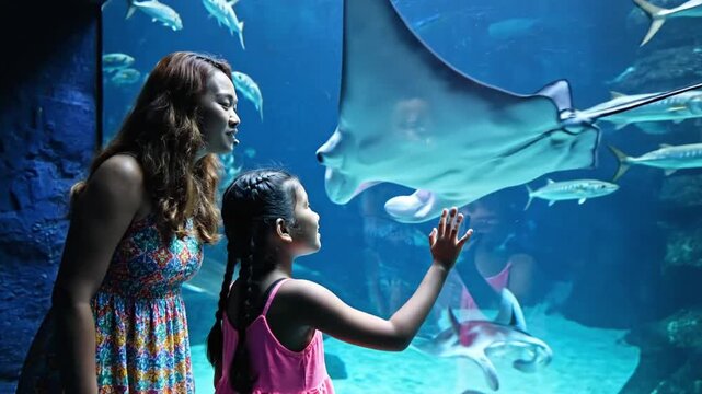 Mother and daughter watch fish swim at aquarium in the afternoon