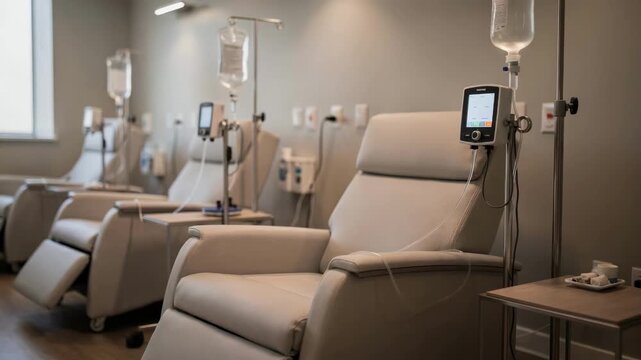 Focused medium view of a recliner with connected IV and infusion pump in a rheumatology treatment room peaceful ambiance and blurred surrounding chairs in gentle light.
