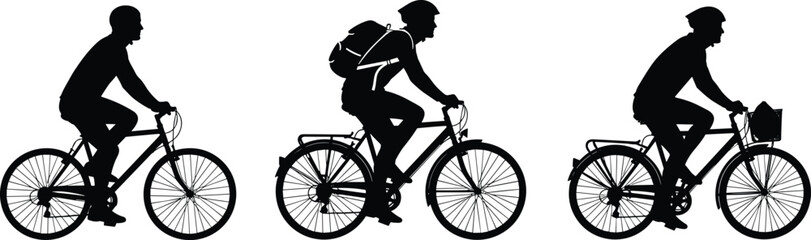 Obraz premium Silhouettes of three cyclists riding bicycles with different accessories bike riders