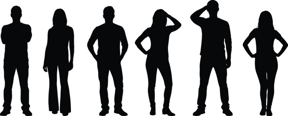 Six black silhouettes of men and women standing in various poses against a white background