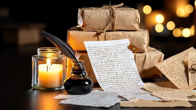 Old letters and packages on a table with a candle and ink in a warm setting during the evening