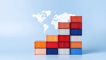 Obraz premium Stacked shipping containers arranged like ascending bar graph world map background