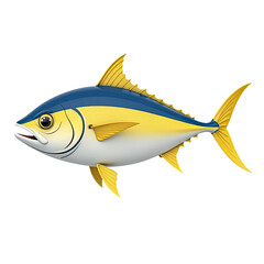 A small fish with bright yellow fins and a distinctive blue tail