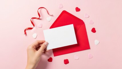 Obraz premium Hand Holding Blank Card with Red Envelope and Heart Confetti on Pink Background - Stock Media