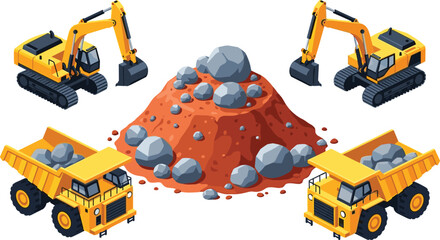 Yellow excavators and dump trucks with pile of rocks and dirt construction equipment