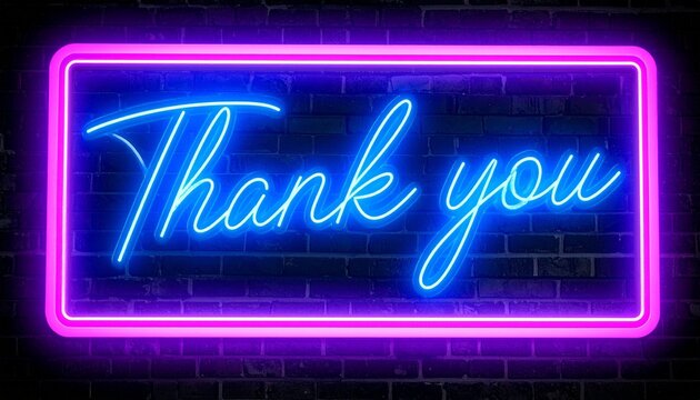 Neon &ldquo;Thank you&rdquo; sign on brick wall