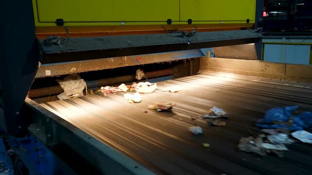 Line with municipal waste on a conveyor belt in Waste energy plant. high-speed optical converter screener. Recycling, sustainable energy, waste management, environmental protection.