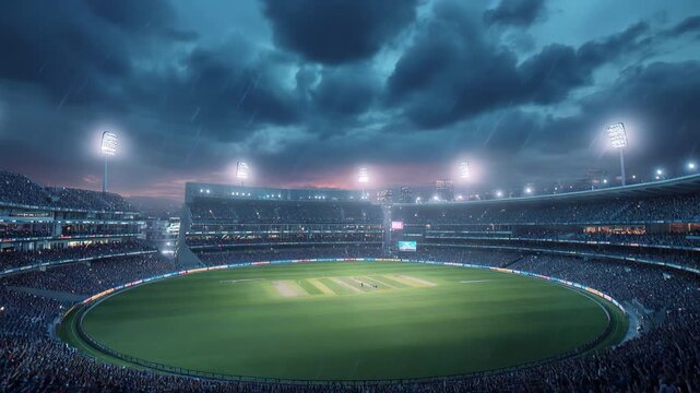 Vibrant cricket stadium holds exciting match under illuminated sky with enthusiastic fans cheering in unison during evening
