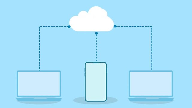 Flat vector illustration of a cloud with blue upload flow and white download flow connected to two laptops and a smartphone, representing bidirectional cloud data synchronization on a light blue backg