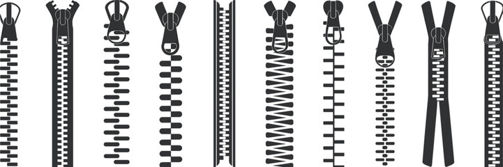Zipper icon collection, clothing fastener types, sewing garment accessories, black silhouette vector illustration