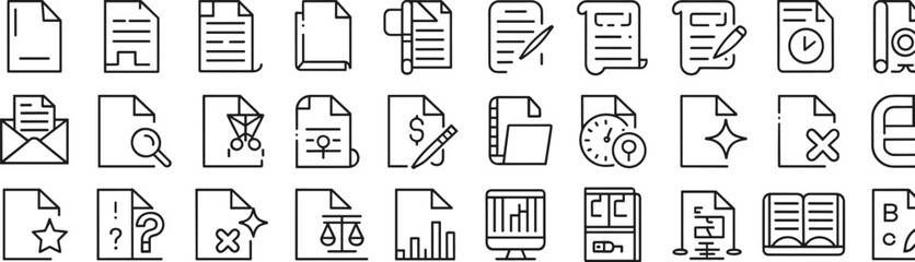 Document file icon set, outline paperwork symbols, business office files management vector illustration