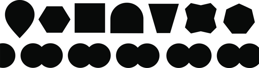 Abstract geometric shape collection, basic solid forms, minimal black design elements vector illustration set