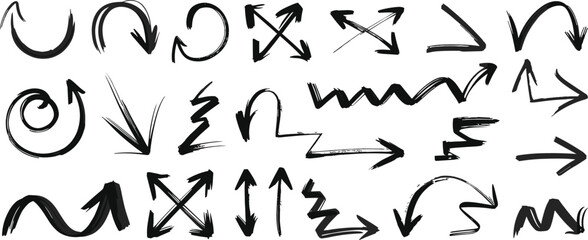 Hand drawn arrow collection, brush stroke direction symbols, grunge sketch pointer vector illustration set