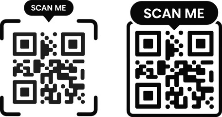 QR code scan me icons set, modern smartphone scanning symbols, black white vector illustration