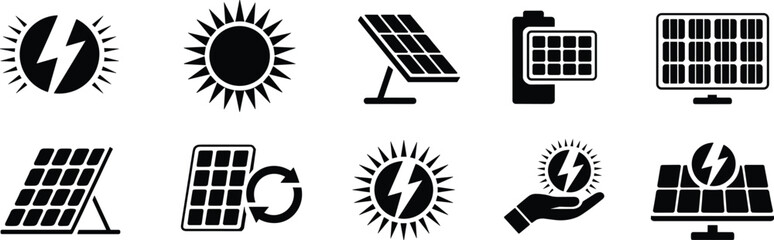 Solar energy icon set, renewable power symbols, photovoltaic panels, clean electricity vector illustration