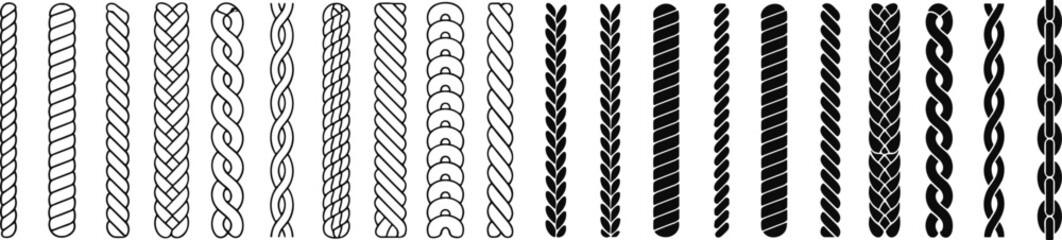 Abstract rope pattern collection, braided twisted cord designs, nautical decorative elements isolated on white background