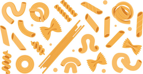 Italian pasta shapes illustration set, spaghetti penne fusilli macaroni varieties, dry pasta vector collection