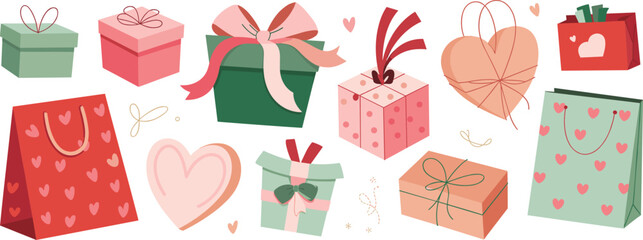 Valentine gift box illustration set, heart shaped presents and shopping bags, romantic vector collection