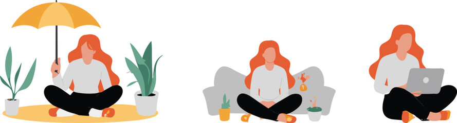 Relaxed woman lifestyle illustration set, self care meditation work from home cozy vector design
