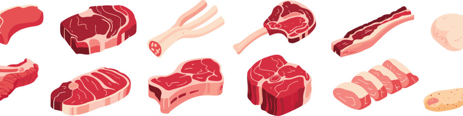 Raw meat cuts vector set, beef pork lamb steaks, butcher shop food illustration collection