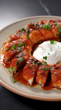 Close-up view of traditional Turkish Beyti kebab served with creamy yogurt, tomato sauce and pilaf rice. Popular Turkish cuisine dish wrapped in lavash bread, garnished with parsley. Perfect for food,