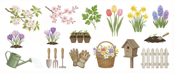 Set of 15 Realistic Spring Garden Vector Illustrations Isolated