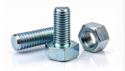 Metal hex bolts and nut on white surface