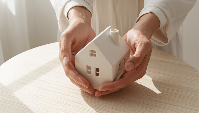 白いテーブルで小さな家模型を両手で包み守る静かなクローズアップ
