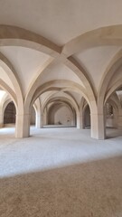 Fototapeta premium Belle perspective des voûtes du réfectoire/cellier du bâtiment des Convers de l'abbaye de Clairvaux (Champagne, France)