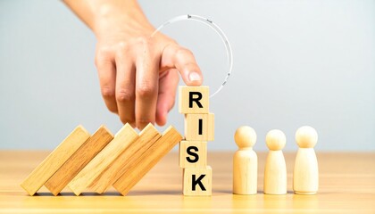 Hand stopping dominoes with blocks spelling RISK beside figurines