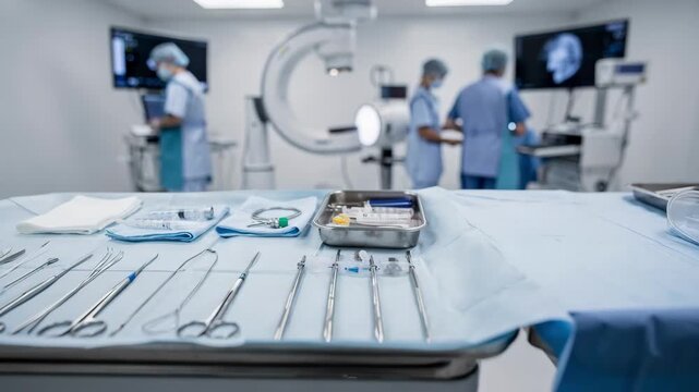 Focused view of nerve procedure instruments on fluoroscopy table medical staff and room softly out of focus in modern procedure room environment.