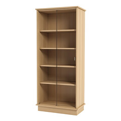 A tall wooden bookcase with glass doors, ideal for storing and displaying books