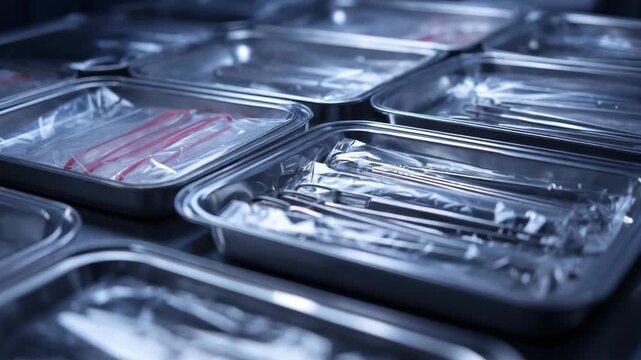 Focused view of stainless trays stacked methodically with wrapped tools inside emphasizing sterile environment and systematic preparation in healthcare facilities.