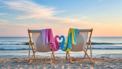 Fototapeta premium Beach Chairs with Towels Shaped Like Heart at Sunset Over Ocean Waves, Sandy Shoreline