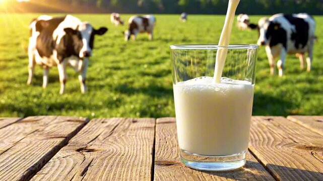 A glass of milk being poured on a wooden table with cows grazing in a green pasture in the background