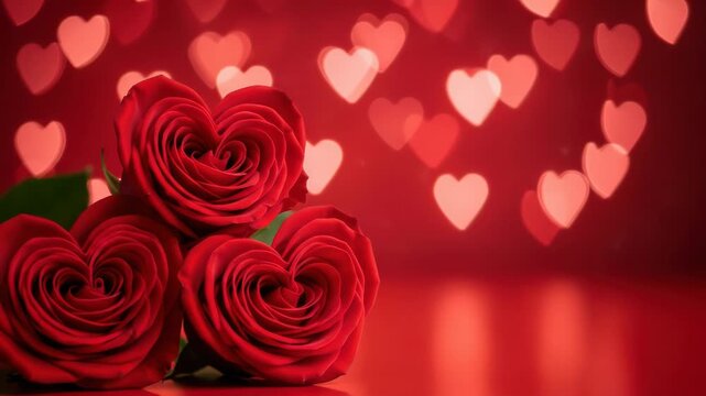 Three red roses with heartshaped centers on a red background with heart lights