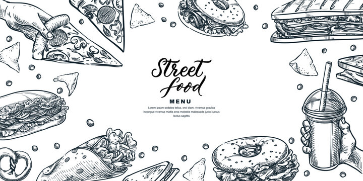 Vector hand drawn sketch street food, drinks and snacks. Poster banner design for cafe bar menu, takeaway packaging